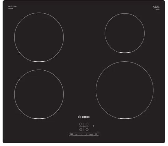 Готварски плот Bosch PUE611BB6E SER4, Induction electric cooktop, 4 zones, TouchSelect, QuickStart, Restart, frameless, 4,6 kW, 60 cm