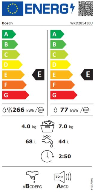 Пералня със сушилня Bosch WKD28543EU, SER6, Built-in Washer-dryer 7/4kg, D/E, 1400rpm, 57/74/60dB(A), display, Aquastop, drum 52l, W/W+D 44/68l 2:30/5:30h, Fluff-removal cycle
