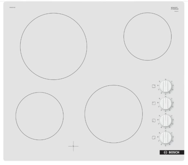 Готварски плот Bosch PKE612CA2E, SER2, Electric cooktop, 4 zones, Sword knobs, 9 power levels, frameless, White, 6,6 kW, 60cm