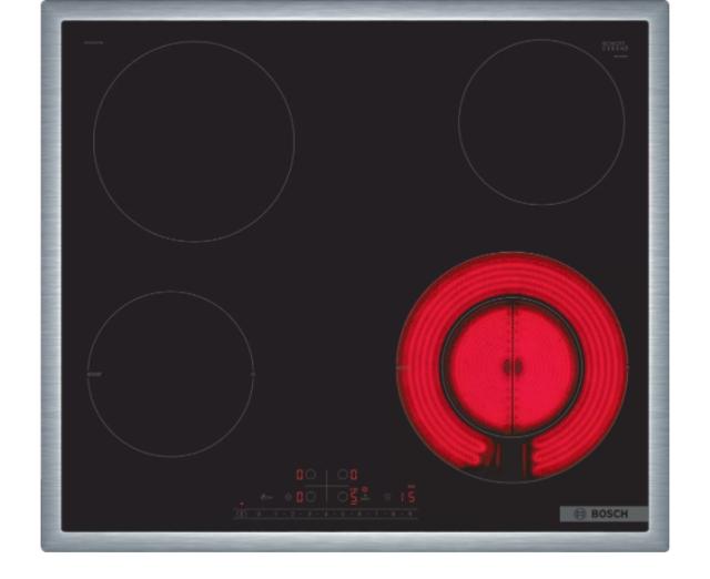 Готварски плот Bosch PKF645FP3E, SER6, Electric cooktop, 60 cm, Glass-ceramic hob, 4 zones, 1 extension, Black, surface mount with frame