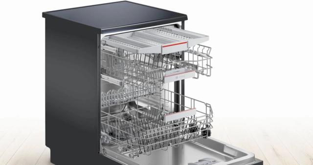 Съдомиялна Bosch SMS4HCC48E, SER4, Free-standing dishwasher, D, 9,5l, 14ps, 6p/4o, 44dB(B), Silence 41dB, 3rd drawer, Rackmatic, black inox, HC