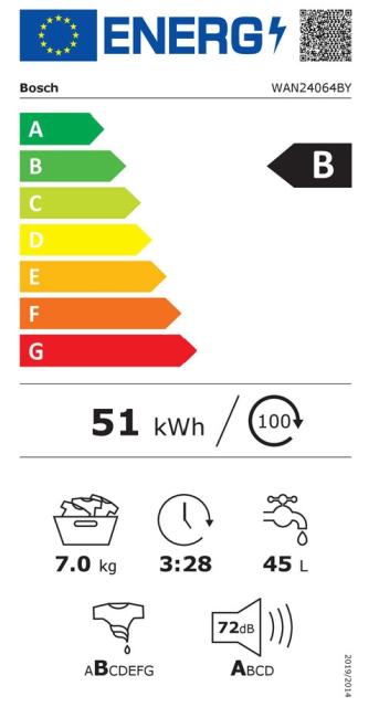 Пералня Bosch WAN24064BY, SER4, Washing machine 7kg, B, 1200rpm, 52/74dB(B), 4 options, white-blackgrey door