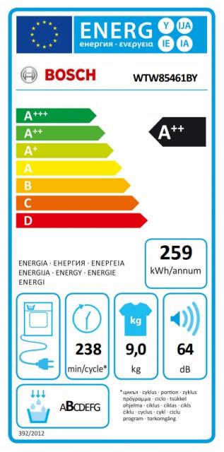Сушилня Bosch WTW85461BY, Drying machine with heat pump technology; 9kg A++, SelfCleaning condenser, display, 64dB