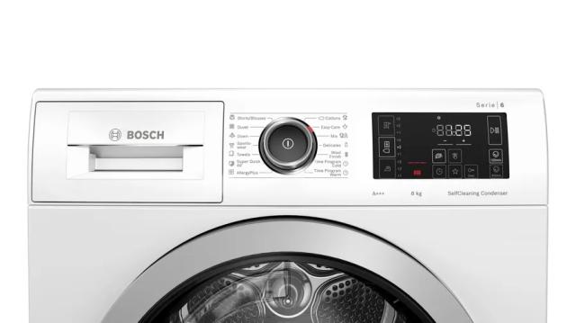 Сушилня Bosch WTW876LBY SER6, Tumble dryer with heat pump 8 kg , Energy efficiency A+++,  64 dB, SelfCleaning condenser,  AutoDry, AntiVibration design, Drum volume 112 l, white