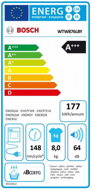 Сушилня Bosch WTW876LBY SER6, Tumble dryer with heat pump 8 kg , Energy efficiency A+++,  64 dB, SelfCleaning condenser,  AutoDry, AntiVibration design, Drum volume 112 l, white