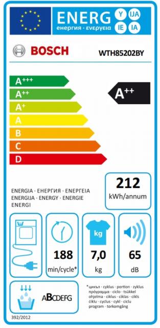 Сушилня Bosch WTH85202BY SER4, Tumble dryer with heat pump 7 kg , Energy efficiency A++,  65 dB, EasyClean AutoDry, Anti-vibration design, Sensitive Drying system, Fast drying 40 ', Drum volume 112 l, white
