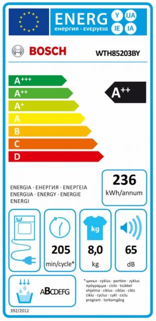 Сушилня Bosch WTH85203BY SER4, Tumble dryer with heat pump 8 kg , Energy efficiency A++,  65 dB, EasyClean AutoDry, Anti-vibration design, Sensitive Drying system, Fast drying 40 ', Drum volume 112 l, white