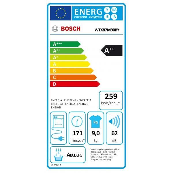 Сушилня Bosch WTX87M90BY SER8; Premium; Tumble dryer with heat pump 9kg A++ / A cond., 62 dB, AutoClean, drain set, interior light, silver-black grey door