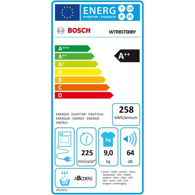 Сушилня Bosch WTR85T00BY SER6; Premium; Tumble dryer with heat pump 9kg A++  65 dB EasyClean, white-black grey door, drain kit acc. WTZ1110