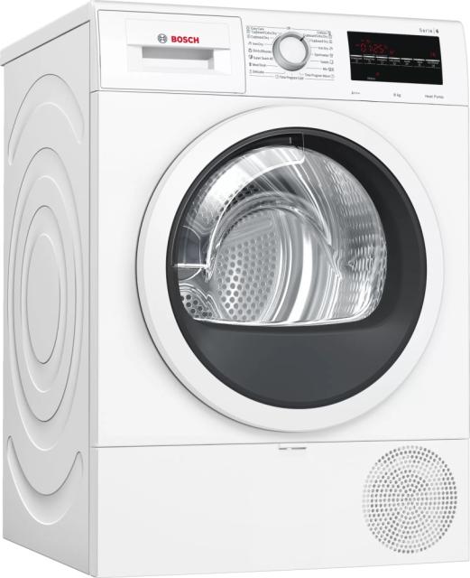 Сушилня Bosch WTR87TW0BY SER6; Premium; Tumble dryer with heat pump 8kg A+++ / A cond., 64 dB EasyClean, white-black grey door, drain kit acc. WTZ1110