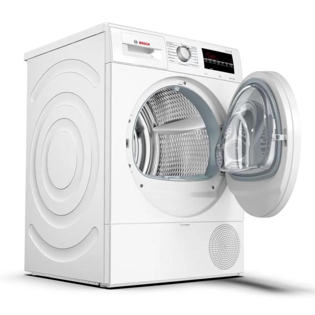 Сушилня Bosch WTR87TW0BY SER6; Premium; Tumble dryer with heat pump 8kg A+++ / A cond., 64 dB EasyClean, white-black grey door, drain kit acc. WTZ1110