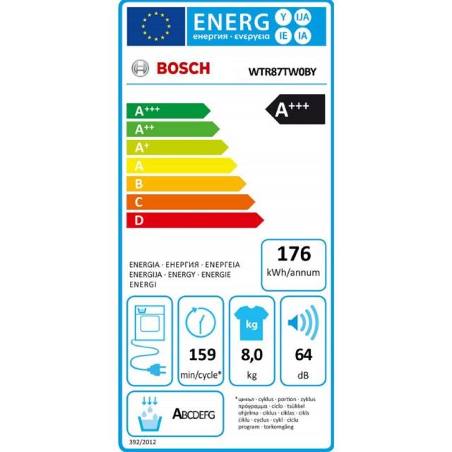 Сушилня Bosch WTR87TW0BY SER6; Premium; Tumble dryer with heat pump 8kg A+++ / A cond., 64 dB EasyClean, white-black grey door, drain kit acc. WTZ1110