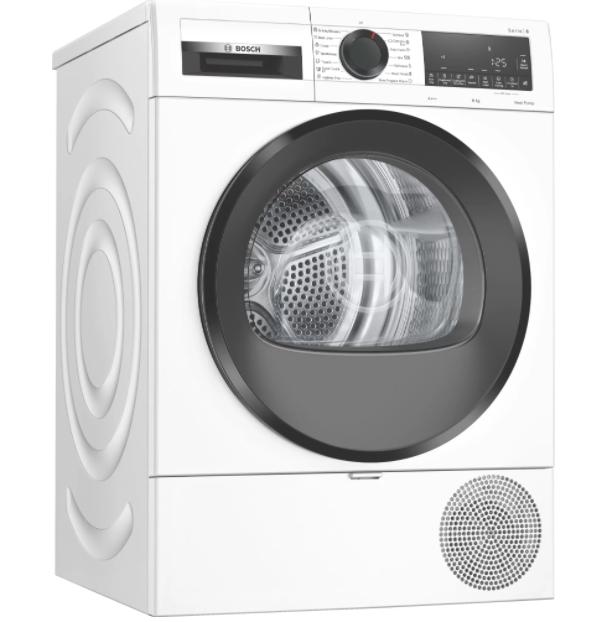 Сушилня Bosch WQG233D1BY SER6, Tumble dryer with heat pump 8 kg , Energy efficiency A+++,  64 dB,  AutoDry, AntiVibration design, Half charge option, Drum volume 112 l, White