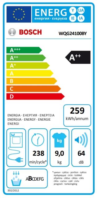 Сушилня Bosch WQG24100BY, SER6, Tumble dryer with heat pump 9 kg , Energy efficiency A++,  64 dB,  AutoDry, AntiVibration design, Drum volume 112 l, White