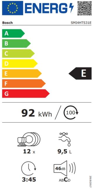 Съдомиялна Bosch SMI4HTS31E SER4 Dishwasher integrated E, Polinox, 9,5l, 12ps, 6p/4o, 46dB, Rackmatic, HC