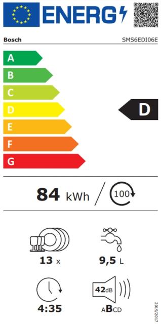 Съдомиялна Bosch SMS6EDI06E SER6 Free-standing dishwasher, D, EcoDrying, 9,5l, 13ps, 6p/4o, 42dB, Silence 39dB, Extra Space 3rd basket, Extra Clean Zone, inox, HC