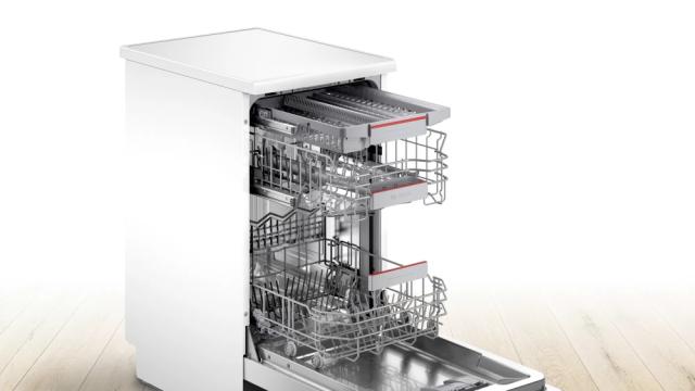 Съдомиялна Bosch SPS4EMW28E SER4 Free-standing dishwasher 45cm, D, EcoDrying, 9,5l, 10ps, 6p/4o, 44dB, Silence 41dB, 3rd drawer, Rackmatic, white, HC