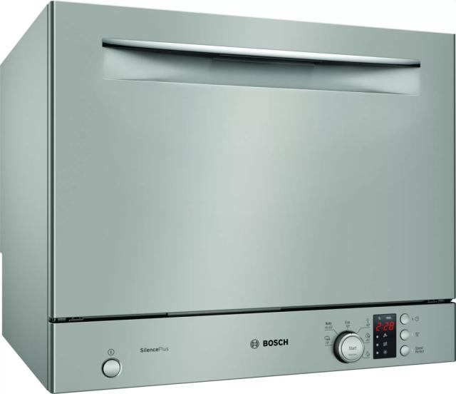 Съдомиялна Bosch SKS62E38EU SER4; Economy; Compact dishwasher, F, Polinox, 6 place settings, 8l, 49dB, silver inox painted, display, Glass