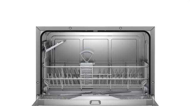 Съдомиялна Bosch SKS62E38EU SER4; Economy; Compact dishwasher, F, Polinox, 6 place settings, 8l, 49dB, silver inox painted, display, Glass