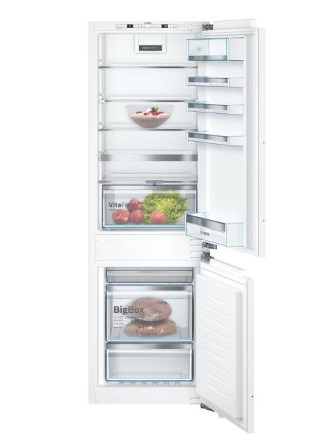 Хладилник Bosch KIN86AFF0 SER6 BI fridge-freezer NoFrost, F, 177,2cm, 255l(188+67), 39dB, VitaFresh Plus, EasyAccess shelf, Vario Shelf, 2 cooling systems, display, fan, BigBox, flush-folding