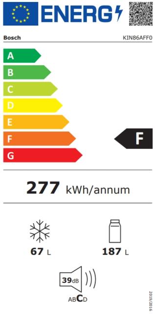 Хладилник Bosch KIN86AFF0 SER6 BI fridge-freezer NoFrost, F, 177,2cm, 255l(188+67), 39dB, VitaFresh Plus, EasyAccess shelf, Vario Shelf, 2 cooling systems, display, fan, BigBox, flush-folding