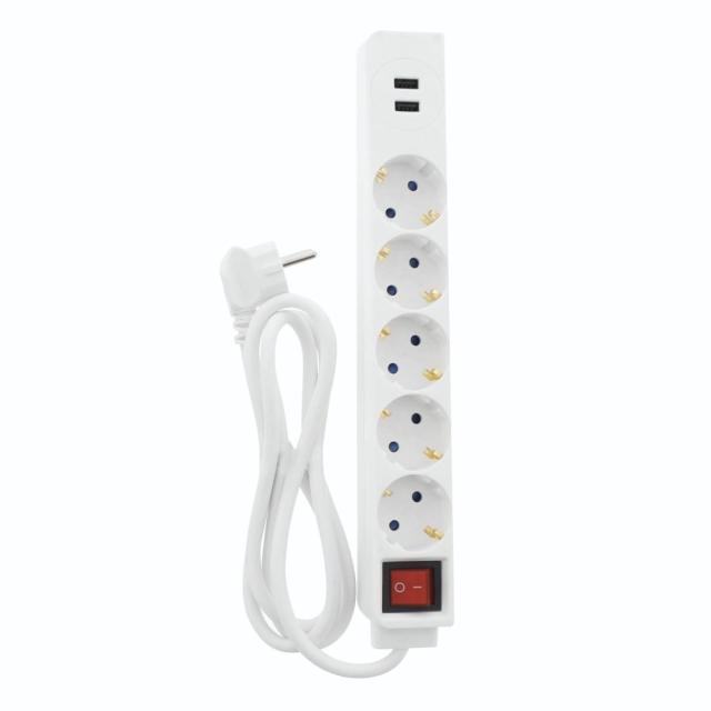 Разклонител  HAMA 5 гнезда, USB 3.4A, 1.4м, Бутон вкл/изкл, Защита срещу деца, Бял