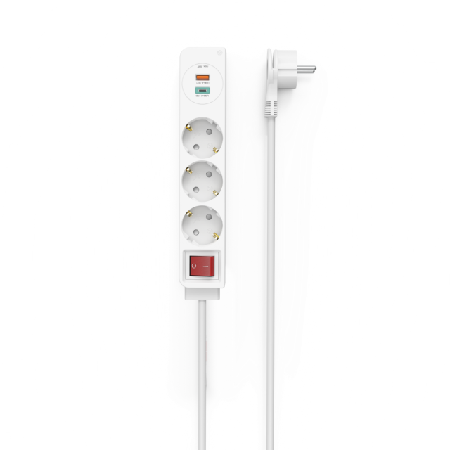 Разклонител  HAMA Power Strip, 3 гнезда, 1.4м, Бутон вкл/изкл, PD/Quick Charge, USB-C/USB-A, Бял