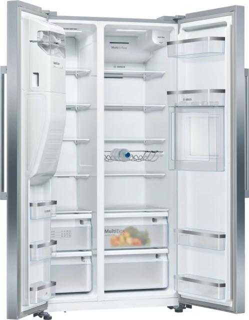 Хладилник Bosch KAG93AIEP SER6 SbS fridge-freezer, NoFrost, E, 179/91/71cm, 531l(366+165), 42dB, 2 MultiBox, Auto dispenser and IceMaker, HomeBar, water connect., inv.comp., Inox EasyClean