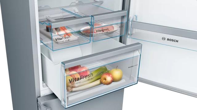 Хладилник Bosch KGN397LEQ, SER4, FS fridge-freezer NoFrost, E, 203/60/66cm, 368l(279+89), 39dB(C), VitaFresh, bottle rack, handles, Inox-look, display