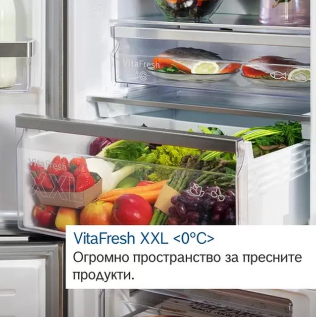 Хладилник Bosch KGN397LEQ, SER4, FS fridge-freezer NoFrost, E, 203/60/66cm, 368l(279+89), 39dB(C), VitaFresh, bottle rack, handles, Inox-look, display