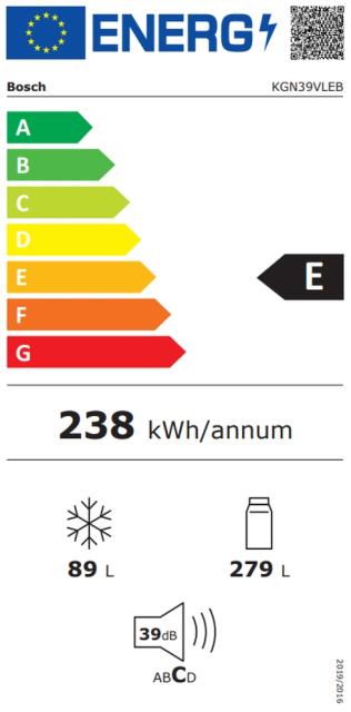 Хладилник Bosch KGN39VLEB, SER4, FS fridge-freezer NoFrost, E, 203/60/66cm, 368l(279+89), 39dB(C), VitaFresh, Inox-look