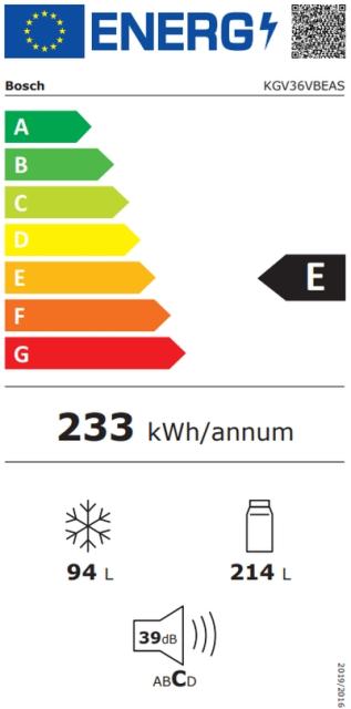 Хладилник Bosch KGV36VBEAS SER4 FS Fridge-freezer LowFrost, E, 186/60/65cm, 308l(214+94), 39dB, VitaFresh, fan, black