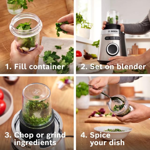 Блендер Bosch MMB6386M Series 4, VitaPower Blender, 1200 W, Glass ThermoSafe jug 1.5 l,  Grinding attachment, ProEdge stainless steel blades made in Solingen, Stainless steel