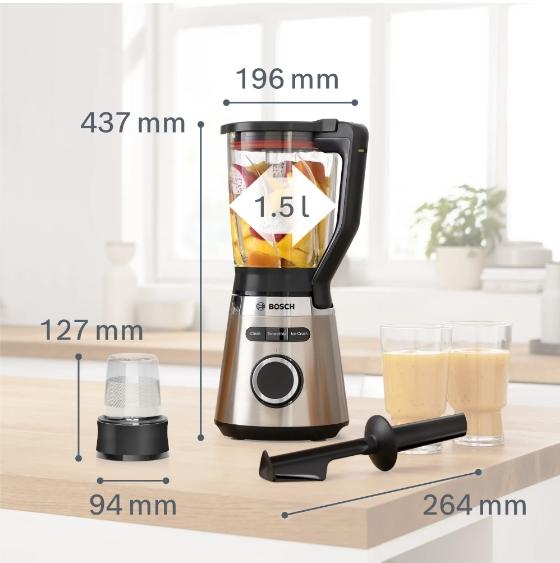 Блендер Bosch MMB6386M Series 4, VitaPower Blender, 1200 W, Glass ThermoSafe jug 1.5 l,  Grinding attachment, ProEdge stainless steel blades made in Solingen, Stainless steel