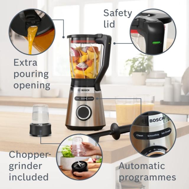 Блендер Bosch MMB6386M Series 4, VitaPower Blender, 1200 W, Glass ThermoSafe jug 1.5 l,  Grinding attachment, ProEdge stainless steel blades made in Solingen, Stainless steel
