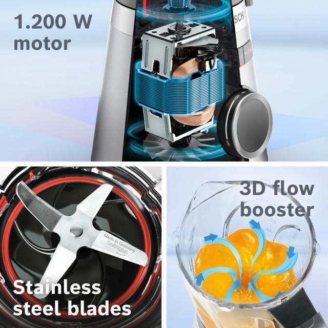 Блендер Bosch MMB6386M Series 4, VitaPower Blender, 1200 W, Glass ThermoSafe jug 1.5 l,  Grinding attachment, ProEdge stainless steel blades made in Solingen, Stainless steel