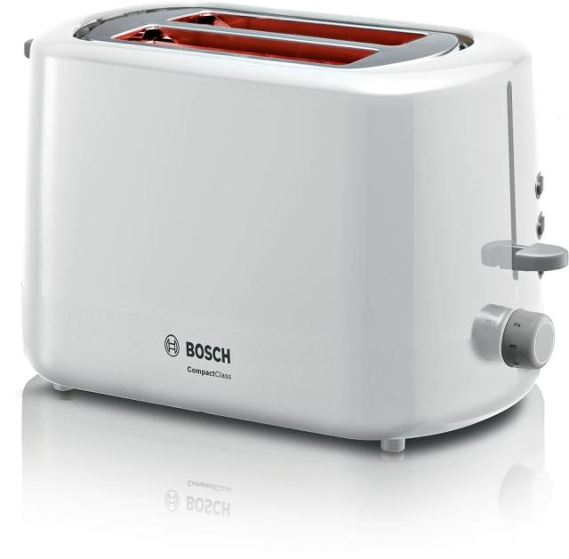 Тостер Bosch TAT3A111, Compact toaster, Plastic, 800 W, Auto power off, Defrost and warm setting, Lifting high, White