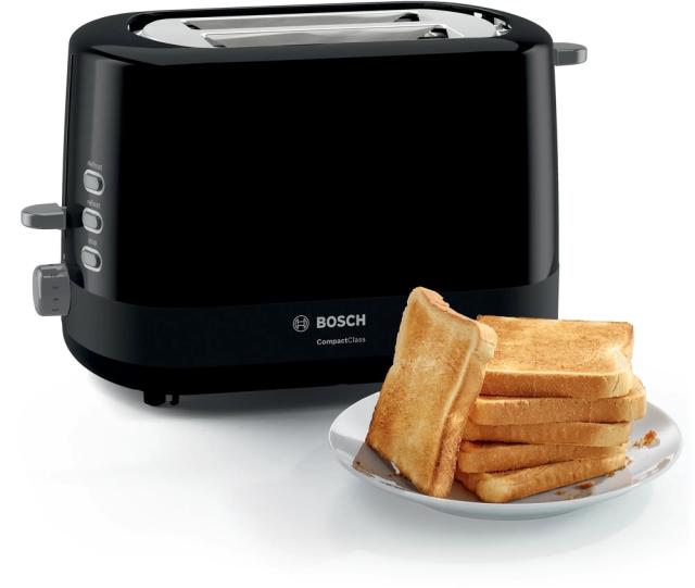 Тостер Bosch TAT3A113, Compact toaster, Plastic, 800 W, Auto power off, Defrost and warm setting, Lifting high, Black