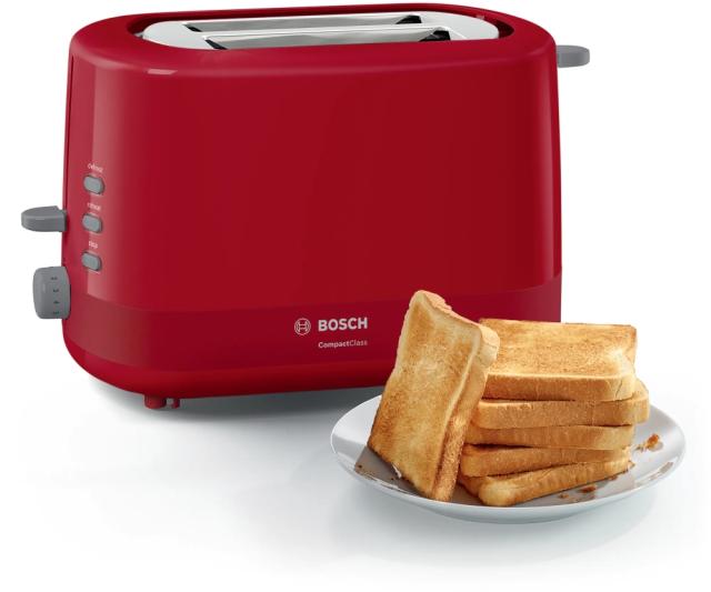 Тостер Bosch TAT3A114, Compact toaster, Plastic, 800 W, Auto power off, Defrost and warm setting, Lifting high, Red