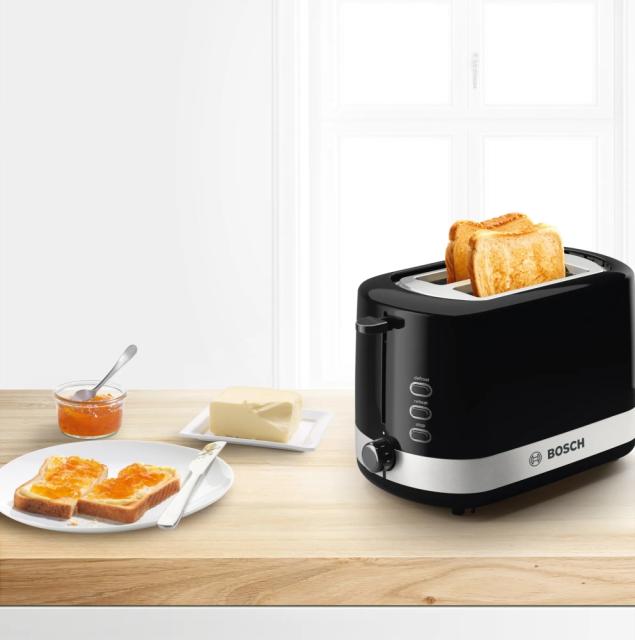 Тостер Bosch TAT6A513, Compact toaster, Plastic, 800 W, Auto power off, Defrost and warm setting, Lifting high, Black