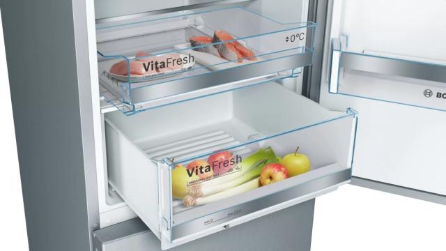 Хладилник Bosch KGE36ALCA SER6, FS Fridge-freezer LowFrost, C, 186/60/65 cm, 308 l(214+94), 38 dB(C), VitaFresh 22 l, bottle rack, fan, Inox-look