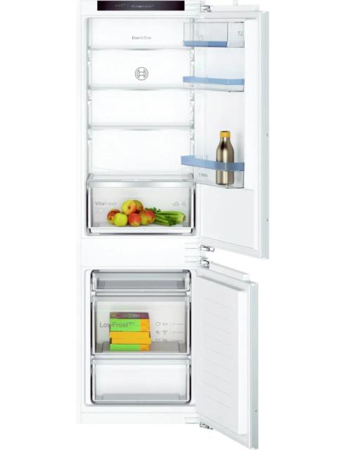 Хладилник Bosch KIV86VFE1 SER4, BI fridge-freezer LowFrost, E, 177,2 cm, 267 l (191+76), 35 dB(B), VitaFresh XXL, EcoAirflow, display, BigBox, sliding hinge