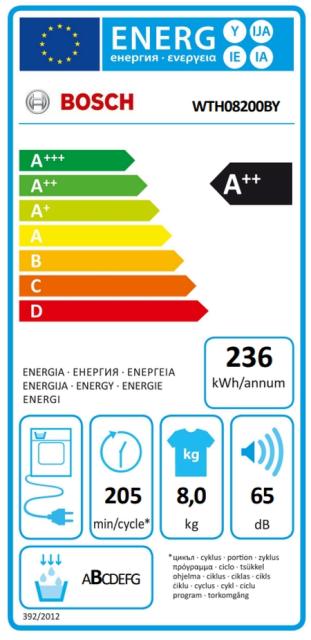 Сушилня Bosch WTH08200BY SER4, Tumble dryer with heat pump 8 kg , Energy efficiency A++,  65 dB, EasyClean AutoDry, Anti-vibration design, Fast drying 40 ', Drum volume 112 l, Silver stainless steel