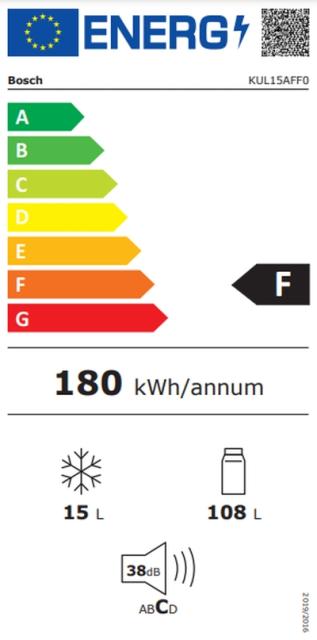 Хладилник Bosch KUL15AFF0 SER6, Built-under fridge with freezer section, F, 82 cm, 123 l(108+15), 38 dB(C), MultiBox, ventilation in plinth, SoftClose, flush-folding
