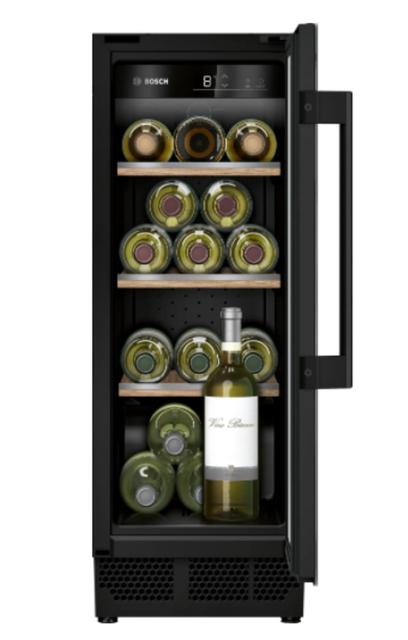 Шкаф за вино Bosch KUW20VHF0 SER6 Wine cooler with glass door, F, 82.0 cm x 30.0 cm x 55.0 cm, Number of shelves - 4, Capacity for bottles of 750 ml - 21, Temperature range (° C) - 5-20 ° C, 38 dB (A)