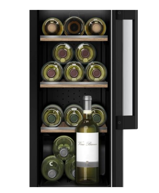 Шкаф за вино Bosch KUW20VHF0 SER6 Wine cooler with glass door, F, 82.0 cm x 30.0 cm x 55.0 cm, Number of shelves - 4, Capacity for bottles of 750 ml - 21, Temperature range (° C) - 5-20 ° C, 38 dB (A)