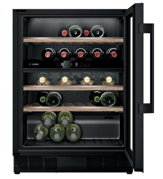 Шкаф за вино Bosch KUW21AHG0 SER6 Wine cooler with glass door, G, 82.0 cm x 60.0 cm x 56.0 cm, Number of shelves - 5, Capacity for bottles of 750 ml - 44, Number of temperature zones - 2, Temperature range (° C) - 5-20 ° C, 38 dB (A)