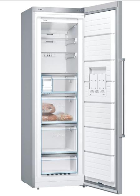 Фризер Bosch GSN36BIEP, FS upright freezer, NoFrost, E, 186/60/65cm, 242 l, 39 dB(C), IceTwister, 4 drawers (2 BigBox), display, handle, Inox EasyClean