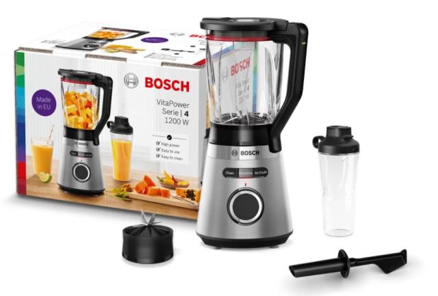 Блендер Bosch MMB6384M Series 4, VitaPower Blender, 1200 W, Glass ThermoSafe jug 1.5 l, Tritan ToGo bottle 0.6 l, Speed adjustment and pulse function, ProEdge stainless steel blades made in Solingen, Stainless steel