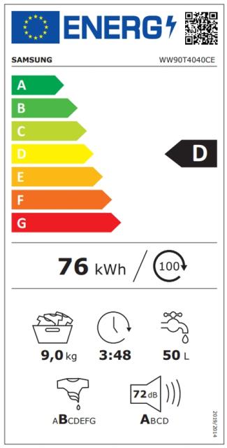 Пералня Samsung WW90T4040CE/LE,  Washing Machine, 9 kg, 1400 rpm, Energy Efficiency D, Digital inverter motor, Hygiene Steam, Drum Clean, LED display, Spin Efficiency B, White